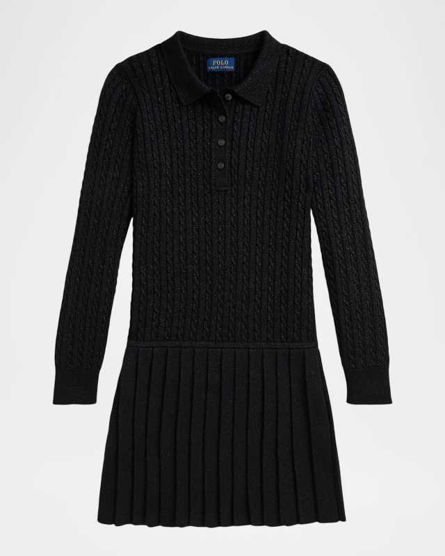 Girl's Metallic Mini-Cable Polo Sweater Dress, Size S-X